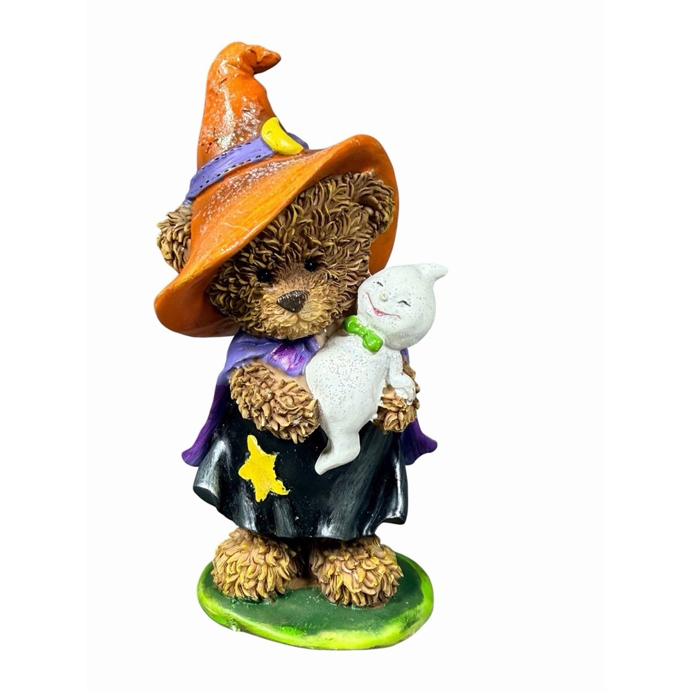 Teddy Bear Witch Ghost Halloween Figurine Orange Hat Purple Cape 5.5" Vintage